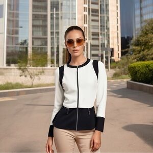 Women Blazer IVANKA TRUMP Black White Colorblock Zip Front Long Sleeve Cardigan